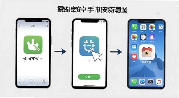 探钱库安卓手机安装步骤示意图,画面展示手机屏幕从下载APK到点击安装再到桌面图标的完整流程,背景为浅灰色,图标和文字清晰可见,风格简洁明快