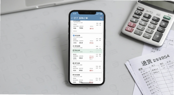 批发工厂采购进货软件主界面展示，画面中心为手机屏幕正视图，屏幕内呈现采购订单列表与供应商报价卡片，背景为简洁的浅灰色工作台面，右侧点缀计算器与纸质进货单，整体风格写实商务，光线柔和均匀，适配电商下载站展示