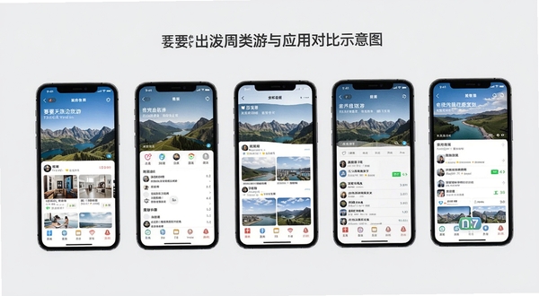 要出发周边游与同类旅行应用对比示意图，多部手机并排展示不同旅行软件界面，背景为浅灰色，风格商务简约