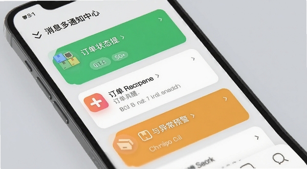 货拉多货主端消息通知中心界面，手机屏幕显示多条订单状态提醒与异常预警卡片，图标色彩区分明显，背景为柔和浅灰色调，突出信息层级与易读性