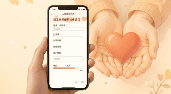 赣工惠困难帮扶申请页面,手机屏幕显示表单填写与进度条,背景为温暖的手捧爱心插画,色调柔和感人,传递工会组织的关怀与温暖