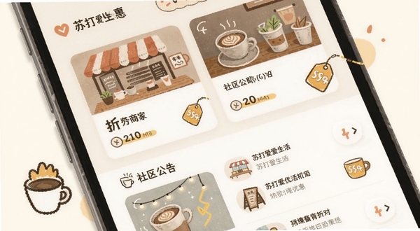 苏打爱生活应用内本地优惠页面特写，手机屏幕显示附近商家折扣卡片和社区公告列表，画面中有手绘风格的商店、咖啡杯、折扣标签等元素，背景为柔和的米白色，整体呈现温馨便民的生活服务氛围