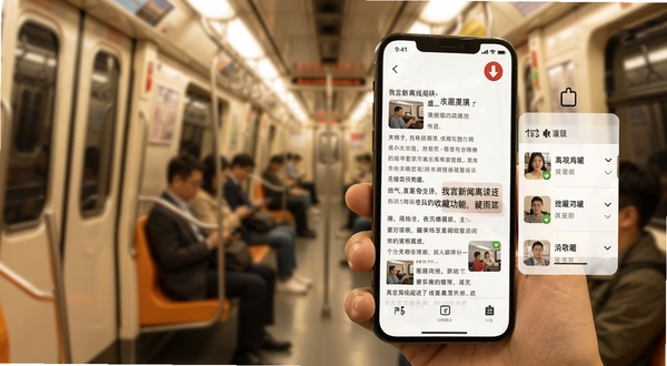 我言新闻离线阅读与收藏功能示意图，画面展示一部手机在无网络环境下打开新闻文章，屏幕右上角显示离线标识，旁边有收藏夹图标和已下载文章列表，背景为地铁车厢虚化场景，色调温暖柔和，突出实用与便捷