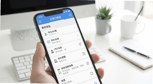 公务行软件界面展示,手机屏幕中显示事务审批列表与待办提醒,背景为简洁办公桌面,画面明亮清晰,突出移动办公场景