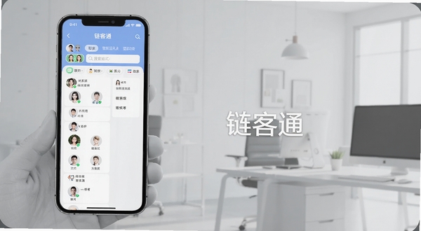 链客通智能通讯录整理功能界面,手机屏幕显示联系人分组标签与搜索框,背景为浅灰色办公环境,画面中有链客通字样,风格清新简洁