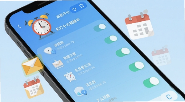 苏打爱生活应用消息中心与提醒设置界面，手机屏幕展示提醒列表和开关按钮，画面中有闹钟、信封、日历等扁平化图标漂浮，背景为淡蓝色渐变，整体风格干净利落，突出实用工具属性