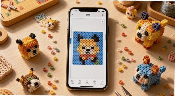 拼豆吖软件主界面与拼豆作品展示，画面中央为手机屏幕显示拼豆网格编辑界面，屏幕周围散落彩色拼豆颗粒和已完成的小动物拼豆成品，背景为温馨的手工桌面，柔和暖光，俯视构图，高清细节