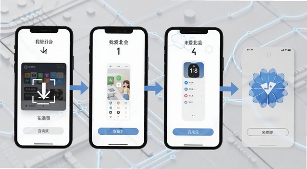我爱北会 安装步骤示意图，画面展示手机屏幕从下载到安装完成的四个步骤，配有箭头引导，背景为浅灰色科技纹理，整体风格清晰直观，适配Boogu模型生成