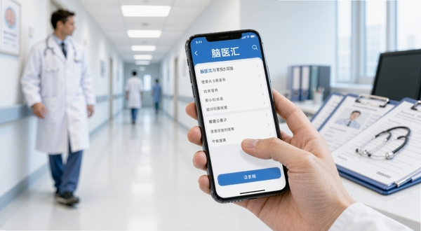 脑医汇使用指南与常见问题处理场景图，画面主体为一只手拿着手机正在操作脑医汇APP的设置界面，背景区域为医院走廊或医生办公室，有白大褂与病历夹虚化，色调明亮干净，体现专业与便捷，画面细节清晰，适配Boogu模型生成