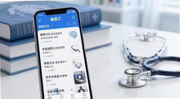 脑医汇是一款专注于脑科医学领域的学术交流应用，画面主体为一部智能手机竖屏展示脑医汇APP首页界面，界面中呈现病例讨论列表与手术视频缩略图，背景区域为简洁的诊室环境，有模糊的医学书籍与听诊器点缀，整体色调为蓝白相间，突出专业与科技感，画面风格写实细腻，适配Boogu模型生成