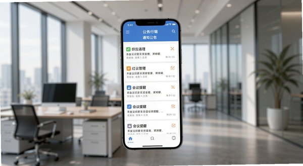 公务行移动端通知公告界面,手机屏幕显示多条未读通知与会议提醒,背景为现代化办公室环境,光线柔和,画面简洁专业