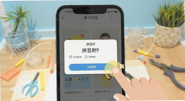 拼豆吖新手操作示意图，手机屏幕显示新建图纸对话框，旁边有手指点击设置尺寸的动画示意，画面简洁明亮，扁平化设计风格，适合教程配图