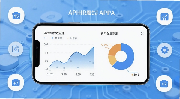 理财魔方APP主界面展示,画面中央为手机屏幕,屏幕内显示基金组合收益曲线与资产配置饼图,背景为浅蓝色渐变金融科技风格,四周点缀简约图标,整体色调清新专业,突出智能理财氛围。