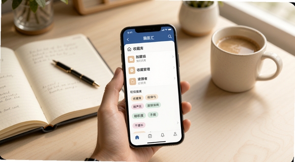 脑医汇个人知识库与收藏管理功能展示，画面主体为手机屏幕中显示收藏夹列表与标签分类界面，背景区域为整洁的书桌一角，有笔记本与咖啡杯，色调温暖柔和，体现学习与积累的氛围，画面风格清新自然，适配Boogu模型生成