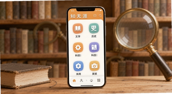知无涯多学科知识库界面，画面中心为手机显示知无涯应用的知识分类页面，包含文学、历史、科技等图标，背景为书架与放大镜元素，色调温暖柔和，细节清晰，适合Boogu模型生成