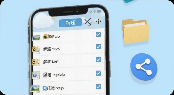 解压缩zip软件内压缩包预览界面，手机屏幕显示文件列表，每个文件旁边有勾选框，顶部有解压按钮，背景为淡蓝色，画面右侧漂浮着文件夹和分享图标，整体风格清新明快，适配Boogu模型生成