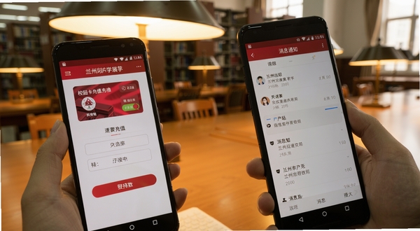 兰州大学移动端应用在安卓手机上的操作界面实拍，展示校园卡充值页面与消息通知列表，背景为图书馆书桌场景，暖色调柔和光线，突出便捷操作体验