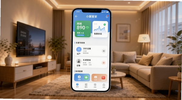 小翼管家APP主界面全貌展示,画面中央是手机屏幕,屏幕内呈现小翼管家首页的智慧家庭控制面板,包含网络状态卡片、设备列表和快捷功能入口,背景区域为温馨的现代家庭客厅环境,柔和暖色调灯光,突出智能家居氛围,整体构图简洁清晰,适配Boogu模型生成