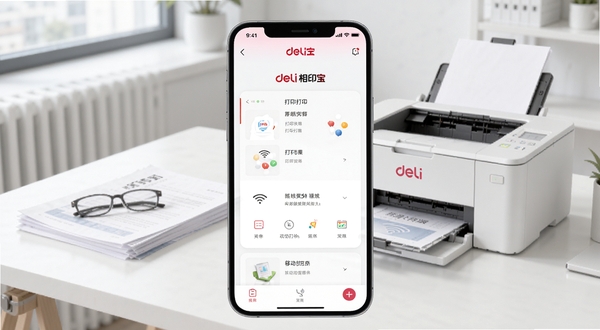 得力相印宝应用主界面展示，画面中央为手机屏幕显示打印功能菜单，背景为简洁的现代办公桌面，桌上放置一台白色得力打印机和几份文件，整体色调明亮清新，突出移动打印的便捷感。