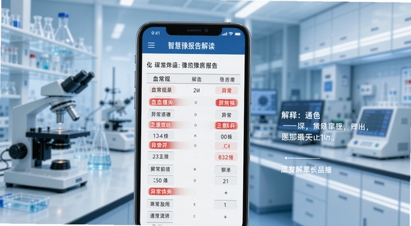 智慧豫医报告解读界面，手机屏幕显示血常规报告单，异常指标用红色高亮标注，旁边有通俗解释文字，背景为实验室环境，色调冷静专业