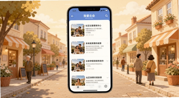 我爱北会 社区资讯浏览界面示意图，画面主体为手机屏幕内显示资讯列表，每条资讯配有缩略图与标题，背景为温馨的社区街景插画，色调温暖柔和，细节清晰，适配Boogu模型生成