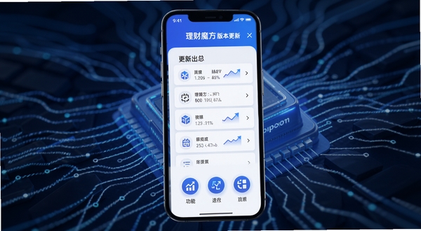 理财魔方版本更新页面,手机屏幕显示更新日志列表与功能图标,背景为抽象科技线条,色彩以蓝白为主,体现迭代升级与稳定性。