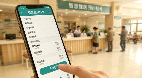 智慧豫医预约挂号功能界面特写，手机屏幕显示科室列表与医生排班表，手指点击预约按钮，背景为医院门诊大厅虚化场景，色调温暖明亮，突出便捷操作感