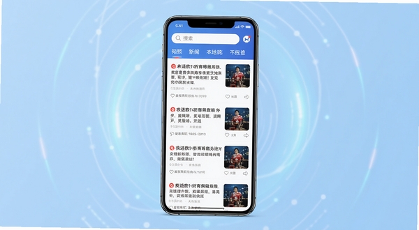 我言新闻手机客户端首页界面展示，画面中央为竖屏手机模型，屏幕内呈现新闻资讯瀑布流布局，顶部有搜索栏和频道标签，背景为淡蓝色渐变科技感光晕，整体风格简洁明快，突出本地新闻APP的现代感与可读性