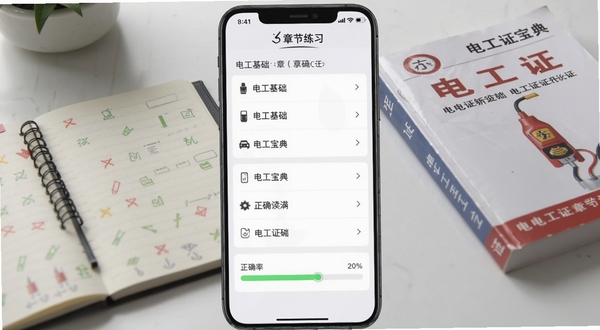 电工证宝典章节练习界面手机截图风格,屏幕中央显示电工基础章节列表与正确率进度条,背景为浅灰色学习场景,桌面上摆放笔记本和电工证教材,光线柔和,画面清晰