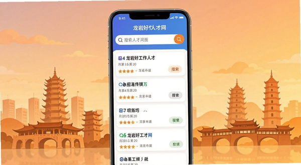 龙岩好工作人才网求职招聘应用主界面展示，画面中央为手机屏幕内呈现的职位列表与搜索框，背景为龙岩城市地标建筑剪影与暖色调渐变，整体风格简洁明快，突出本地化人才服务主题，高清细节，扁平化设计