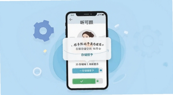 皙可颜在手机上的操作界面截图风格插画，展示权限授予弹窗与存储空间提示，背景为简洁的浅蓝色，画面中包含手机、齿轮图标和存储条元素，整体风格扁平化