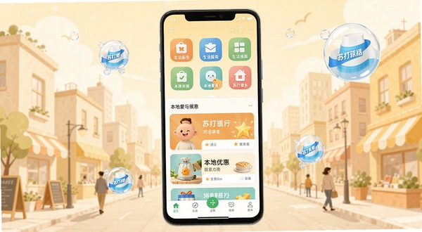 手机屏幕中央展示苏打爱生活应用主界面，顶部为生活服务图标矩阵，中部为本地优惠卡片列表，底部为导航栏，背景为浅暖色调的城市生活插画，周围点缀小苏打气泡元素，整体风格清新简洁，适合安卓应用商店展示图
