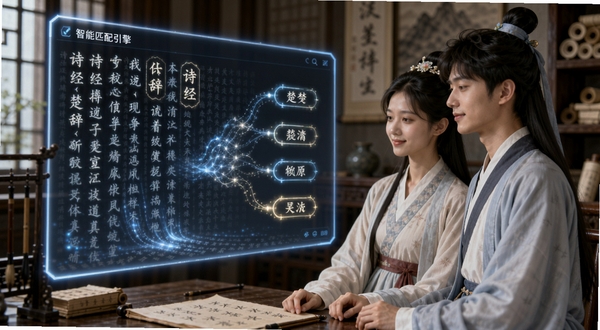 诗词起名智能匹配引擎界面，画面中一位身穿汉服的年轻父母正面对悬浮的发光屏幕，屏幕上流动着《诗经》与《楚辞》的文字瀑布，文字自动汇聚成几个闪光的名字选项，背景是虚化的古代书房，充满科技与古典交融的氛围