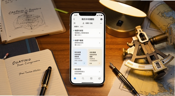 画面中央展示船员考试通APP的错题本与收藏夹功能界面,手机屏幕中显示错题列表和收藏题目卡片,手机周围散落着几本航海专业笔记本和一支钢笔,背景为木质书桌,暖黄色台灯光线营造出专注学习的氛围,画面右侧有航海六分仪和纸质海图作为点缀,整体风格写实细腻,画面比例为3:2