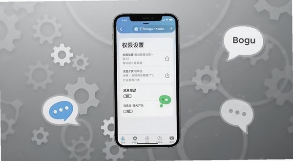 课下聊移动端使用教程示意图，手机屏幕显示权限设置和消息推送开关，背景为简洁的灰色渐变，带有齿轮和聊天气泡图标，适合Boogu模型生成