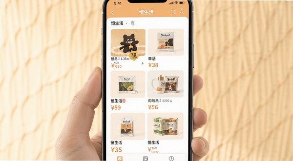 恒生活APP商品分类页面,手机屏幕展示多品类商品网格布局,背景为柔和暖色调,画面主体突出商品图片与价格标签,体现恒生活购物场景