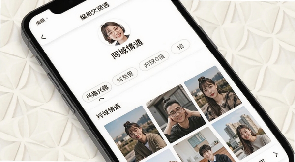同城情遇个人资料编辑页面，手机屏幕显示兴趣标签选择与照片墙布局，背景是浅色几何纹理，整体干净清爽，体现同城情遇的个性化资料设置