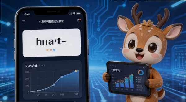 小鹿单词智能记忆算法界面，手机屏幕显示单词卡片和记忆曲线图表，旁边有小鹿吉祥物拿着数据板，背景是科技感蓝色调，适配Boogu模型生成