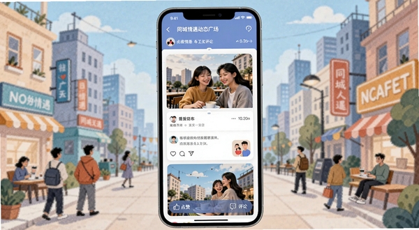 同城情遇动态广场页面，手机屏幕显示瀑布流图文卡片与点赞评论按钮，背景是城市生活场景插画，体现同城情遇的社区互动氛围