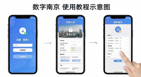 数字南京使用教程示意图，画面展示手机屏幕操作步骤，包括注册登录、实名认证、服务查找三个界面，背景简洁白色，图标清晰，适合新手用户参考