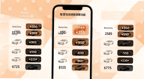 车贷在线贷款方案测算功能界面,手机屏幕中展示多组首付比例与月供金额的数字列表,背景为柔和的橙色与白色几何图形,突出数据对比感,适配Boogu模型生成