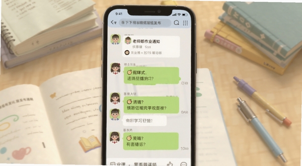 课下聊班级群组聊天界面，手机屏幕显示老师发布作业通知和学生回复提问，界面色彩柔和，背景带有书本和文具元素，突出学习氛围，适合Boogu模型生成