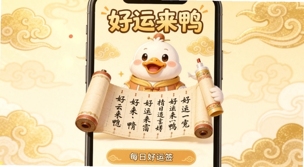 好运来鸭 每日好运签功能界面 手机屏幕显示一支展开的签文 上方有卡通鸭子拿着签筒 背景是淡金色祥云图案 画面温馨明亮 好运来鸭字样出现在顶部