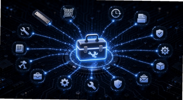 聆穗工具箱功能聚合概念图，画面中心为一个发光工具箱图标向外延伸出多条光线连接各类工具图标，包括尺子、二维码、时钟、文档等，背景为深色科技质感，突出集成聚合的设计理念