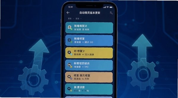 自动精灵版本更新界面截图，画面展示手机屏幕中的更新日志列表，高亮显示新增与修复条目，背景为深蓝色渐变科技风格，配有上升箭头与齿轮图标，适配Boogu模型生成