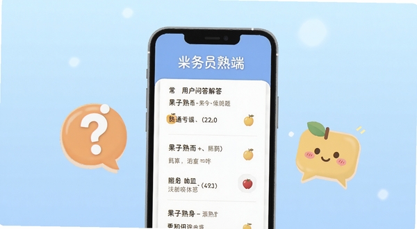 果子熟了-业务员端 用户问答场景插图,画面展示手机屏幕上的常见问题解答页面,旁边有问号与对话气泡图标,背景为柔和渐变蓝色,风格亲切友好