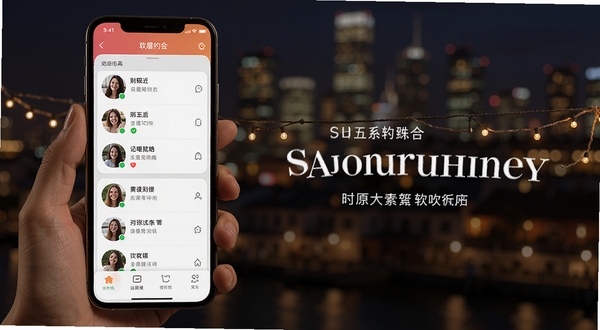 附近她约会 软件主界面展示 手机屏幕显示附近用户列表 背景为城市夜景 温馨社交氛围 高清UI设计图