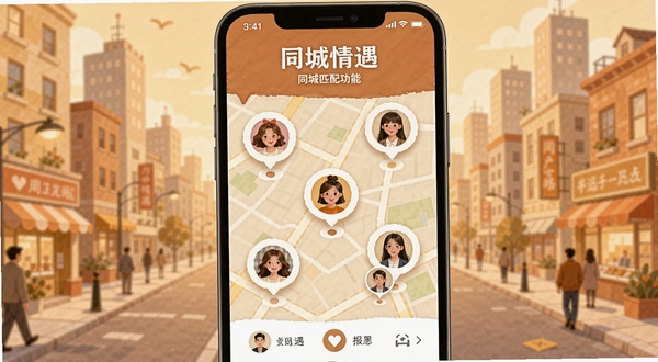 同城情遇同城匹配功能界面，手机屏幕显示地图上分布的附近用户头像气泡，背景是城市街区插画风格，色调温暖，突出同城情遇的地理位置匹配特点