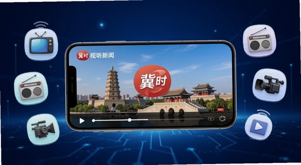 冀时新闻APP视听直播功能界面展示，画面中央一部智能手机横屏显示新闻直播画面，屏幕中有河北地标建筑背景和直播中标识，下方有播放控制条。画面两侧漂浮着电视、收音机、摄像机等媒体图标，背景为深蓝色科技感渐变，突出视听融合与直播随行的产品特色，适配Boogu模型生成，高清画质，现代感强。