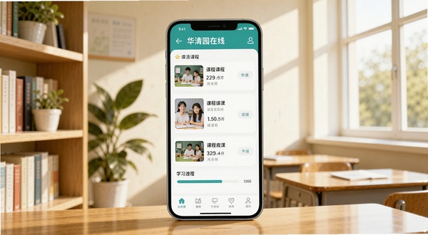 一款名为华清园在线的手机应用界面展示,画面中央是一块竖屏智能手机屏幕,屏幕上呈现课程列表与学习进度条,背景为明亮的教室场景,左侧有书架和绿植,右侧有窗户透进自然光,整体色调清新温暖,适合教育类软件宣传图